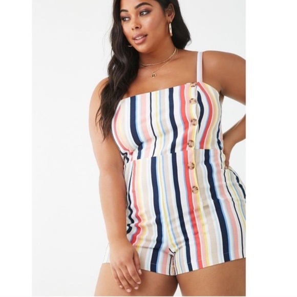 Forever 21 Pants - Forever 21 Women’s Striped Romper 2X Multicolor Rainbow Buttons Plus Size